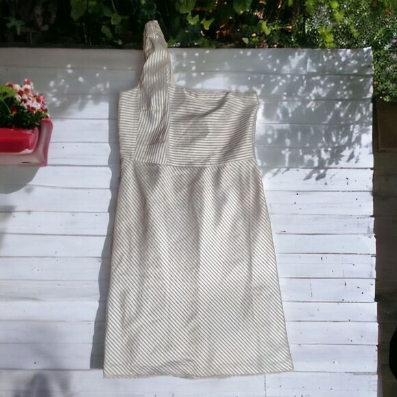 NWT Banana Republic One Shoulder Blue/White Stripe Satin Fit & Flare Dress, 12 - Picture 4 of 10